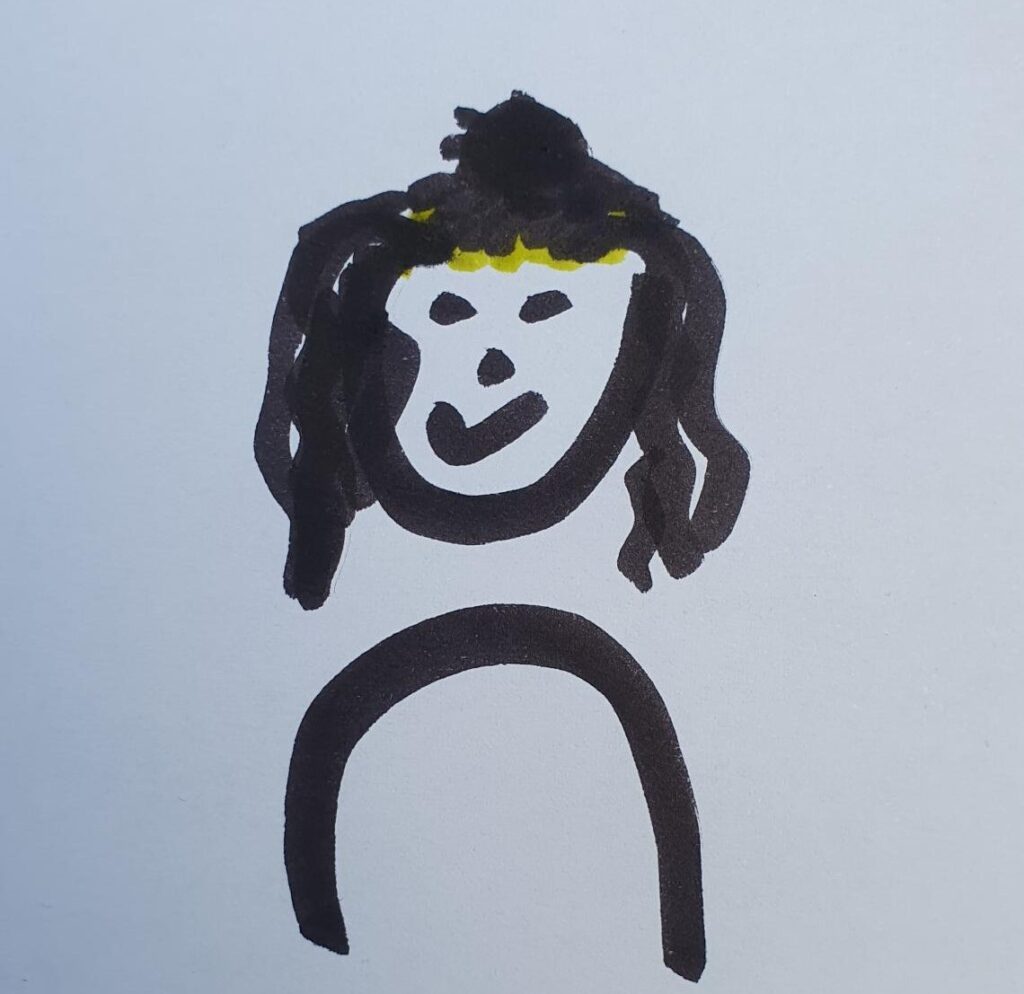 sehr grob gezeichnete Flipchart-Zeichnung einer Person mit schwarzen schulterlangen Haaren.
