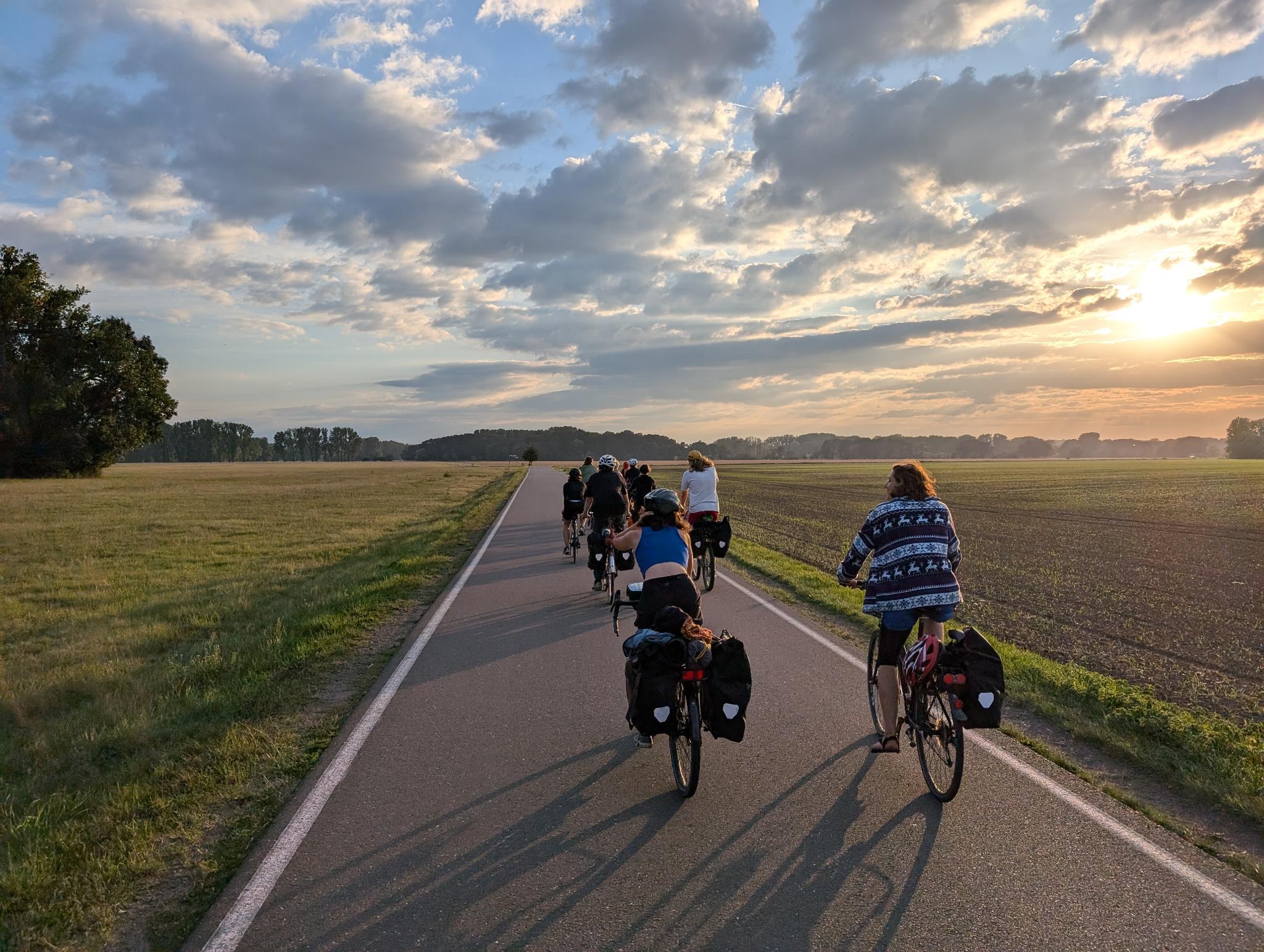 Eine Gruppe Fahrradfahrender Menschen von hinten auf einem Radweg. Daneben grüne Wiesen. Wolkiger Himmel mit Abendsonne.